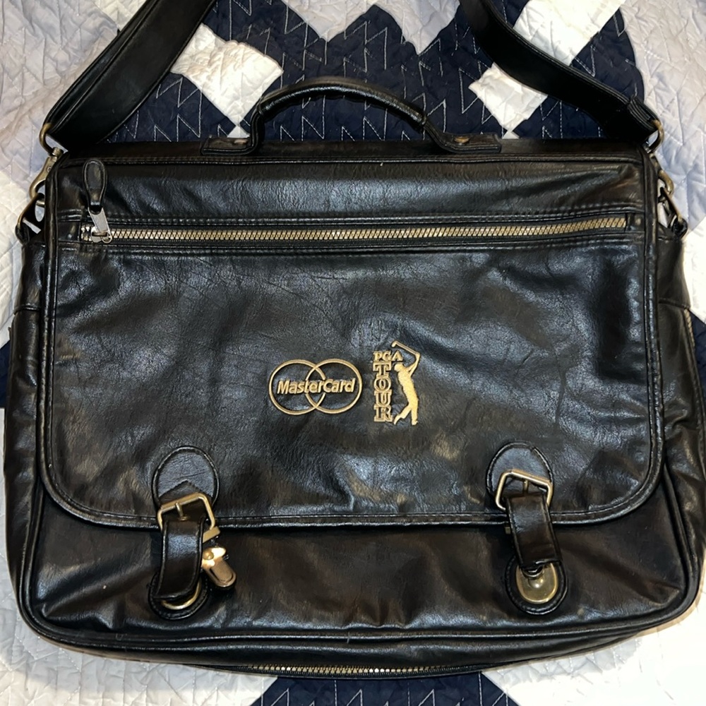 Vintage PGA Tour Golf black leather messenger bag briefcase